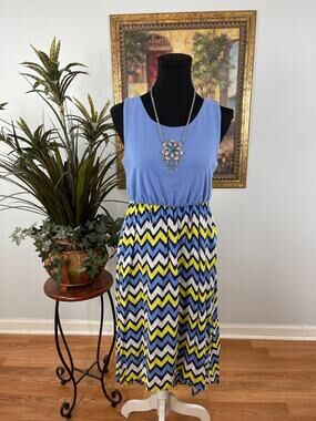 Mymichelle Maxi Dress Women's Size 16 Blue Chevron Sleeveless Nautical Eclectic